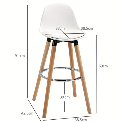 Barstoel – Barkruk – Barstoelen – Keukenstoel – Kruk – Set van 2 – Imitatieleren Bekleding – Met Voetsteun – Metaal – 38,5x42,5x91 cm – Wit