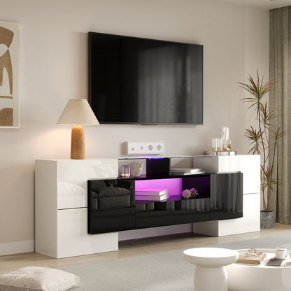 Modern TV-meubel – TV-kast – Mediameubel – Entertainmentmeubel – Zitmeubel – Laag en Ruimtebesparend Ontwerp – Glanzend Zwart-Wit Met 4 Deuren & 2 Lades