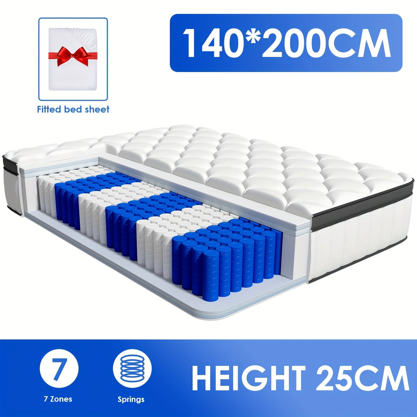 Authmic Mattress with 7-zone Firmness Levels H2 And H3, Individually Pocketed Spring Mattress with Memory Foam, Breathable And Ergonomically Designed Spring Core Mattress.