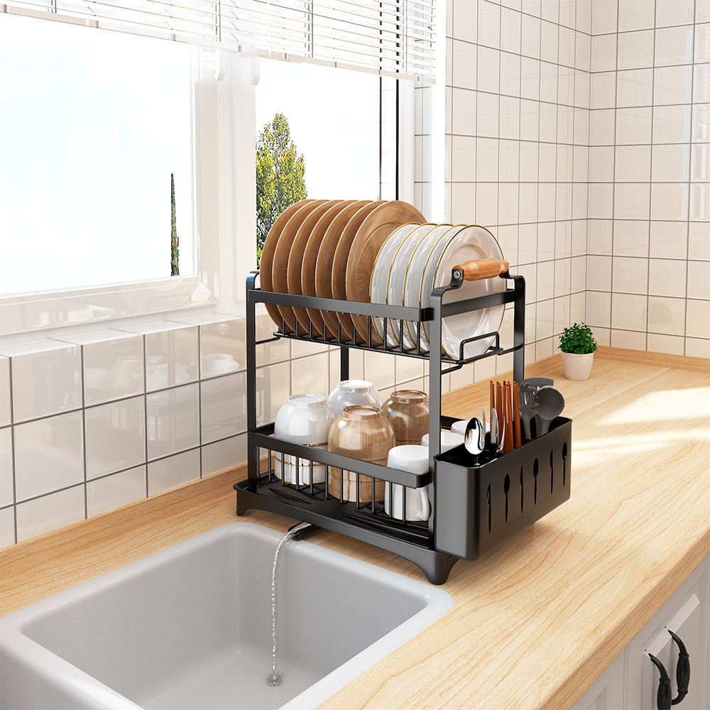 Afdruiprek – Droogrek – Serviesrek – Bestekrek – Keukenrek – 2-Laags RVS – Compact Zwart Design 36x26x37 cm