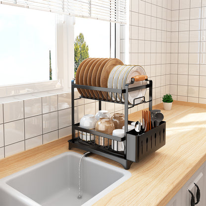 Afdruiprek – Droogrek – Serviesrek – Bestekrek – Keukenrek – 2-Laags RVS – Compact Zwart Design 36x26x37 cm