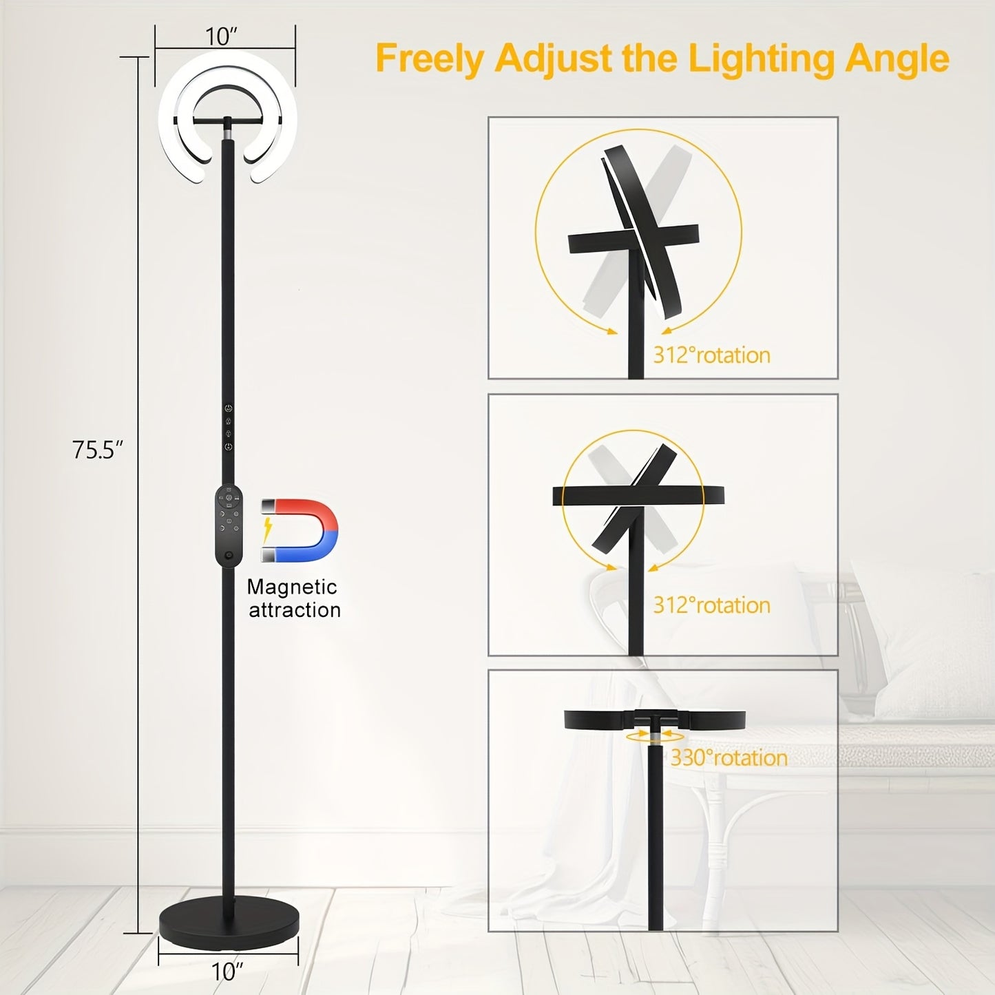 LED Vloerlamp – Staande Lamp – Sfeerverlichting – Vloerlicht – Moderne Lamp – Zwart – Dimbare Warmte Tot Koel Wit Licht 1900K-6500K – 312° Draaibare Dubbele Ring Met Afstandsbediening En Touchbediening