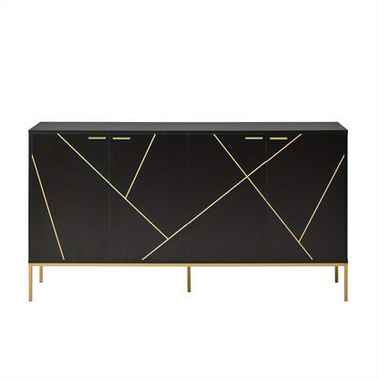 Buffetkast – Dressoir – Opbergkast – Kast – Buffet – Zwart Met Gouden Accenten – 4-Deurs Met Metalen Poten – Compact 80x150x40 Cm – Modern Lineair Design