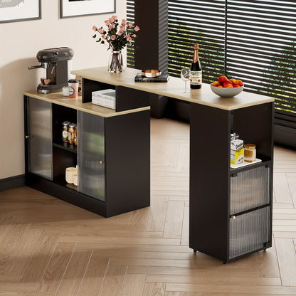 Uitschuifbare Bartafel – Bistrotafel – Hoge Tafel – Bijzettafel – Multifunctionele Tafel – Zwart Rattan Glas – 360° Draaibaar Zonder Tillen – Met Opbergruimte