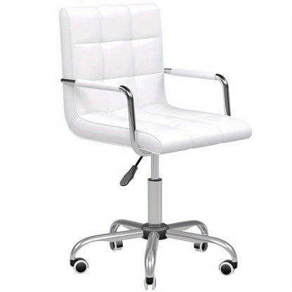 Adjustable Height Ergonomic Office Chair with 5-Wheel Swivel Base, Height-Adjustable Mechanism & Lumbar Support - Heavy-Duty Metal Frame, White Retro Modern Design Computer Desk Chair with Padded Armrests, 54.5cm Seat Height,