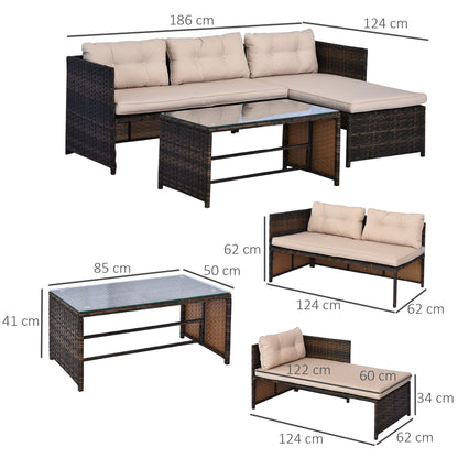 Loungeset – Tuinbank Hoekbank – Loungemobiel – Balkonset – Beige – 4-Persoons Hoekbank Met Chaise Longue – Weerbestendig PE-Rattan Met Glazen Tafelblad