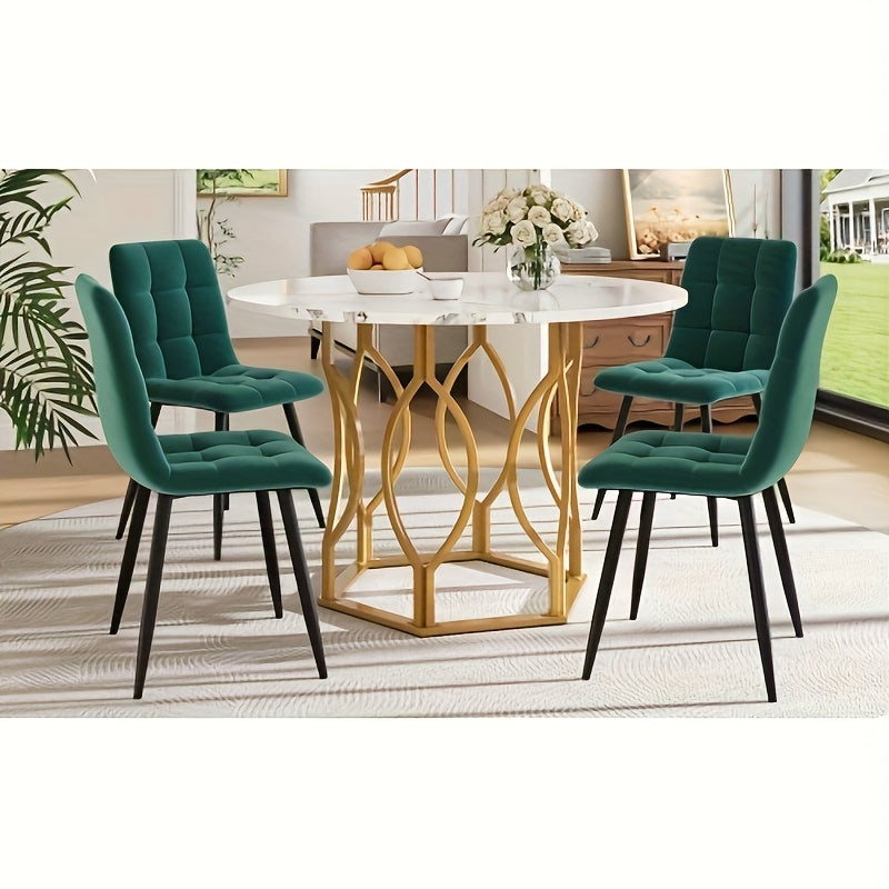 Eettafelset – Eetkamerset – Keukentafelset – Ronde Tafel – Stoelenset – 100 cm Diameter – Wit Tafelblad met Gouden Metalen Poten – Donkergroene Fluwelen Stoelen