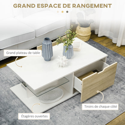 Salontafel – Koffietafel – Bijzettafel – Tafel – Woonkamertafel – Wit Met Eikenlook – 106x58x39 cm – 2 Lades En Glazen Legplank