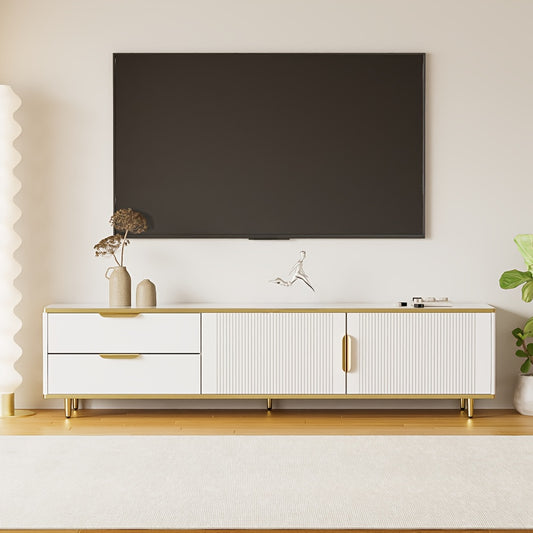Modern White & Golden TV Stand Entertainment Center with Marble Texture & Carved Textured Undercroft Storage - Metal Construction, Golden Handles & Feet, Freestanding Media Console for Living Room, 68.58cm+ Height, 3.2+ Cubic