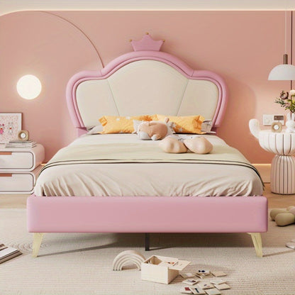 Upholstered Bed – Bedframe – Slaapbank – Bed Met Hoofdbord – Eenpersoonsbed – Roze Wit PU Bekleed – Veiligheidspadding – Metaal Metalen Poten – Elegant Contour Design – 90x200 cm