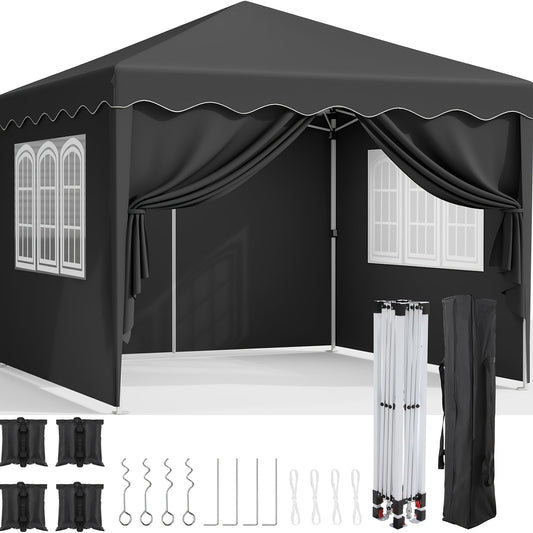 3x3 Pop-Up Gazebo Tent with 4 Side Walls, UV Protection & Sturdy Metal Frame - Foldable Garden Tent for Camping, Weddings, Parties, Outdoor Events - Black, Tents for Camping, Event Shelter, Modern Canopy, Durable Fabric, Even