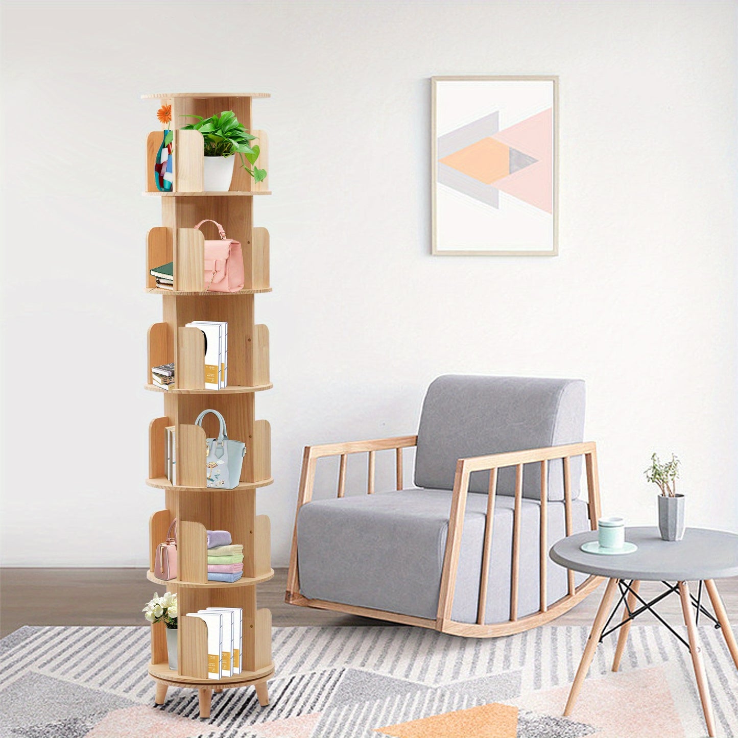 Boekenrek – Boekenkast – Boekenplank – Opbergkast – Wandrek – 6-laags Draaibaar – Massief Grenenhout – 360° Rotatie – Ruimtebesparend & Stevig