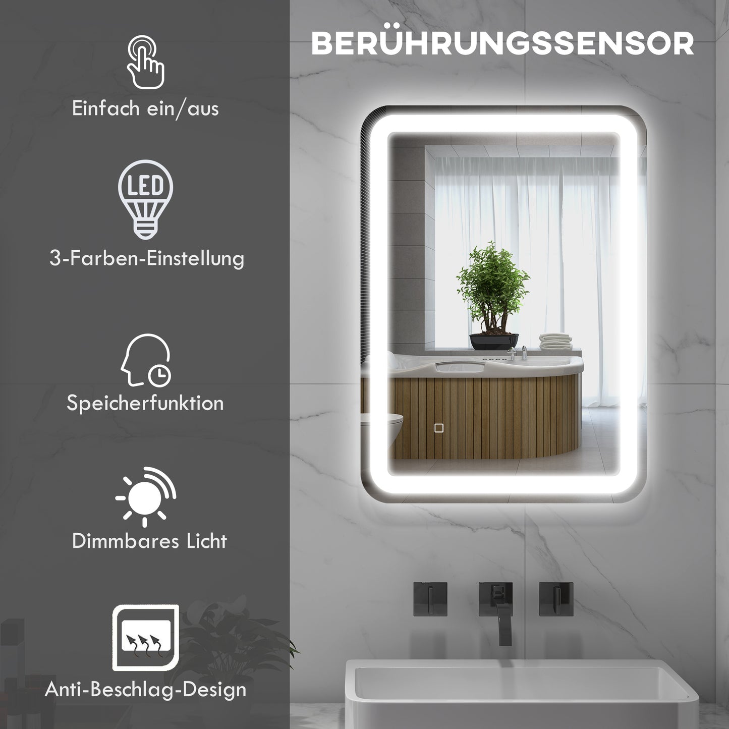 Bathroom Mirror, Illuminated, Touch Control, Fog-Free, Dimmable, 3 Light Colors, 50X70, Silvery
