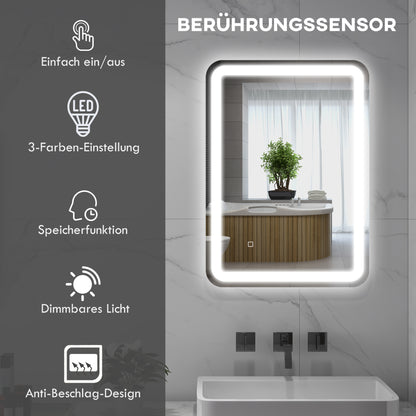 Bathroom Mirror, Illuminated, Touch Control, Fog-Free, Dimmable, 3 Light Colors, 50X70, Silvery