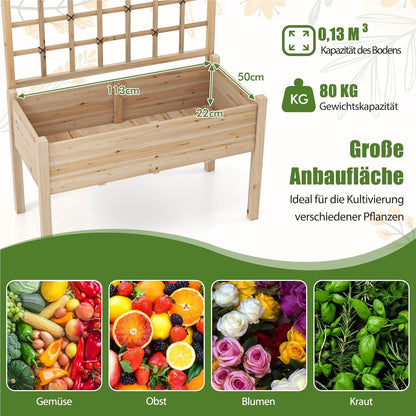 Verhoogde Plantenbak – Bloembak – Moestuinbak – Kruidenbak – Tuinbak Met Klimrek – Natuurlijk Grenenhout – Ingebouwd Klimrek – 4 Drainagegaten – 119 x 60 x 160 cm
