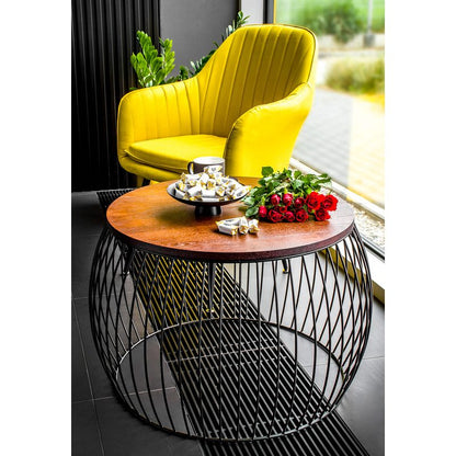 Salontafel – Koffietafel – Bijzettafel – Salon Tafel – Woonkamer Tafel – Ronde Vorm – Houtblad Chocoladebruin – Mat Zwart Metaal – Opbergruimte – Diameter 60 cm