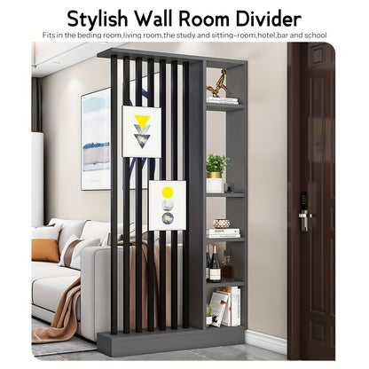 Roomdivider – Scheidingswand – Kamerscherm – Privacywand – Opbergkast – Vrijstaand Houten Design – Ruimtebesparende Verticale Planken – Klassiek Grijs Met Zwarte Details
