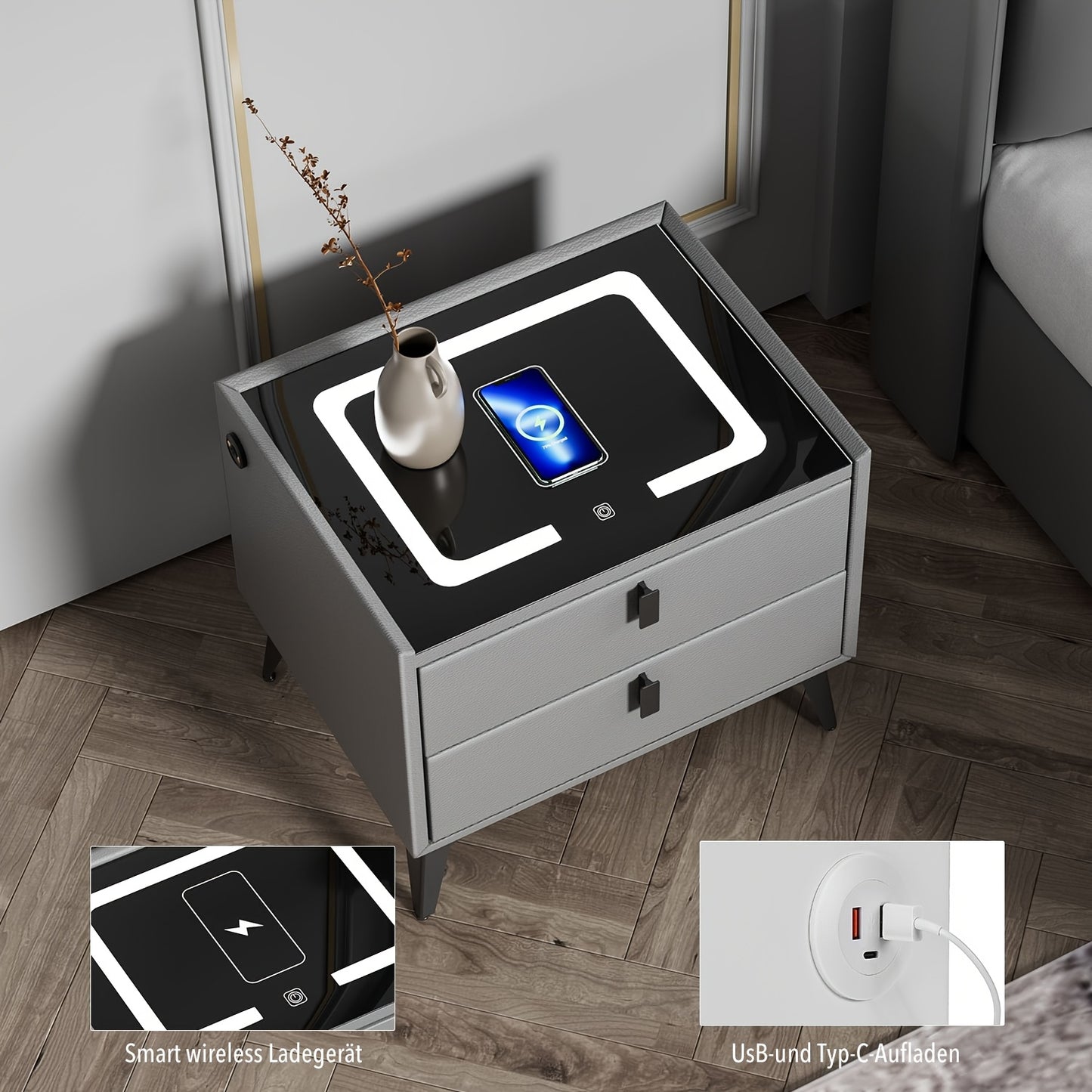 Slimme Nachtkast – Nachtkastje – Bijzettafel – Bedtafel – Opberglade – Draadloos Opladen – Instelbare LED-Verlichting – 2 Lade Model – Metaal & Geharde Glasplaat – Compact & Ruimtebesparend
