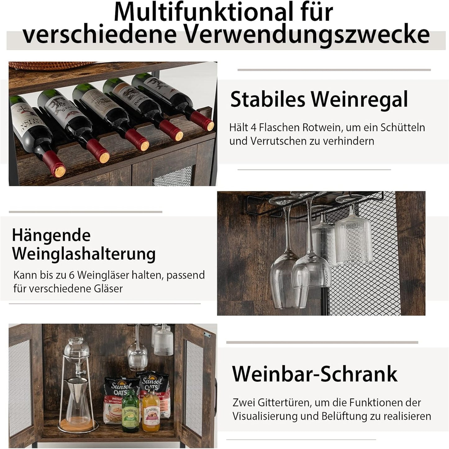 Wijnkastje – Wijnrek – Wijnmeubel – Wijnopslag – Wijnkast – Afneembaar Wijnrek – Glashouder – Industrieel Hout Metaal – Compact 60x34x79 cm