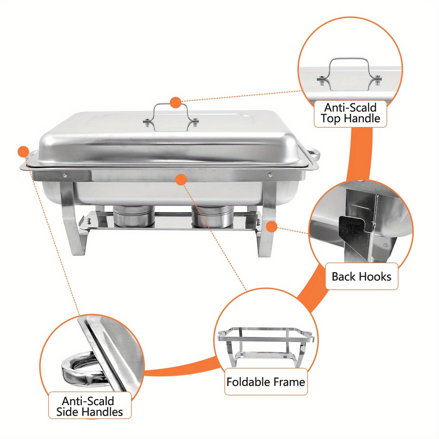 Cateringwarmer – Chafing Dish – Buffetset – Warmhoudschaal – Chafer – RVS – 4-delig – 8 Quart – Rechthoekig – Warmhoudfunctie Zonder Stroom