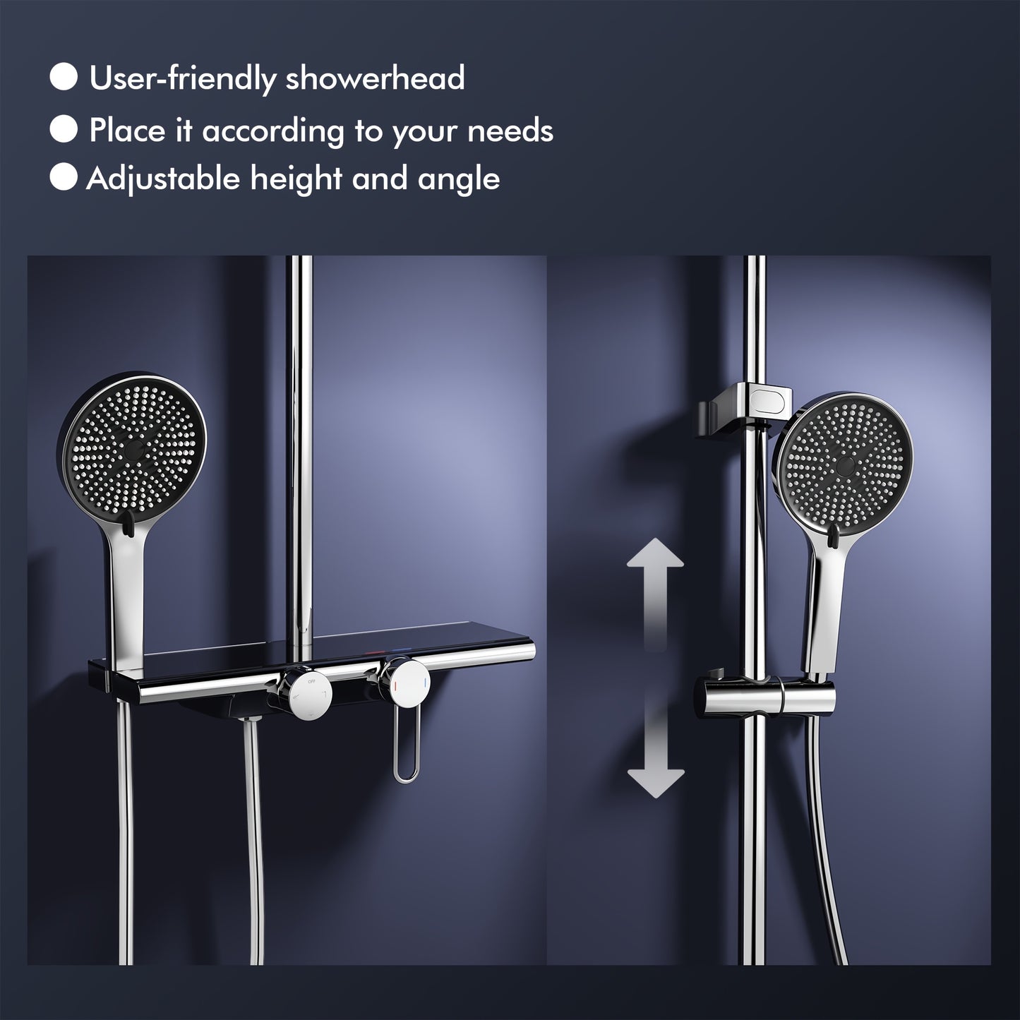 Doucheset – Douchegarnituur – Regendouche – Handdouche – Glijstang – Thermostatisch – Glazen Opbergrek 400mm – Watervaluitloop 95mm – 5 Functions – Chroom