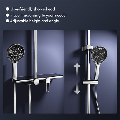 Doucheset – Douchegarnituur – Regendouche – Handdouche – Glijstang – Thermostatisch – Glazen Opbergrek 400mm – Watervaluitloop 95mm – 5 Functions – Chroom