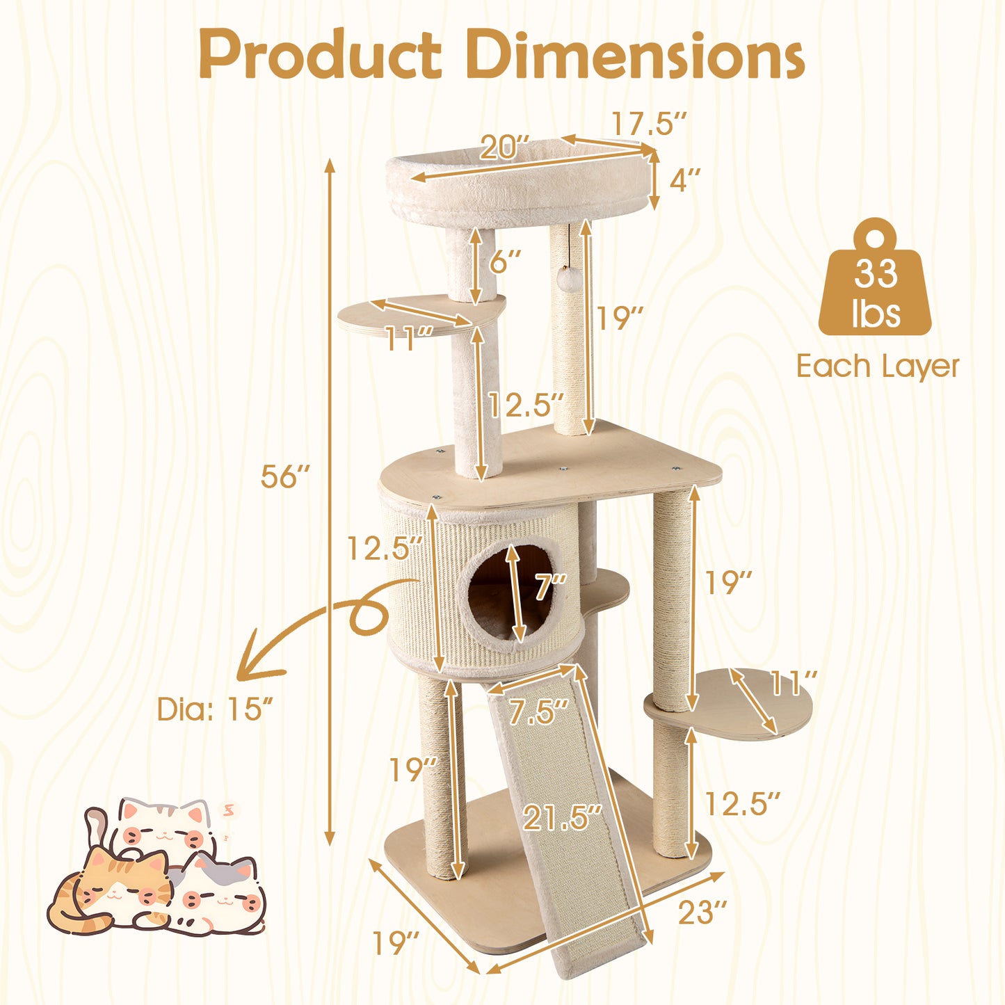 Krabpaal – Kattenboom – Kattenhuis – Kattentoren – Krabmeubel – Houten Krabpaal 143 cm – Sisal Krabpalen en Ladder – Wasbaar Kussen & Hangend Speeltje