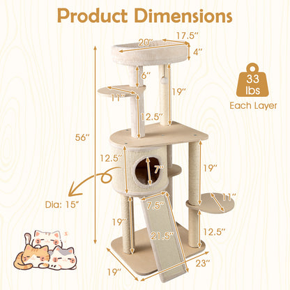 Krabpaal – Kattenboom – Kattenhuis – Kattentoren – Krabmeubel – Houten Krabpaal 143 cm – Sisal Krabpalen en Ladder – Wasbaar Kussen & Hangend Speeltje