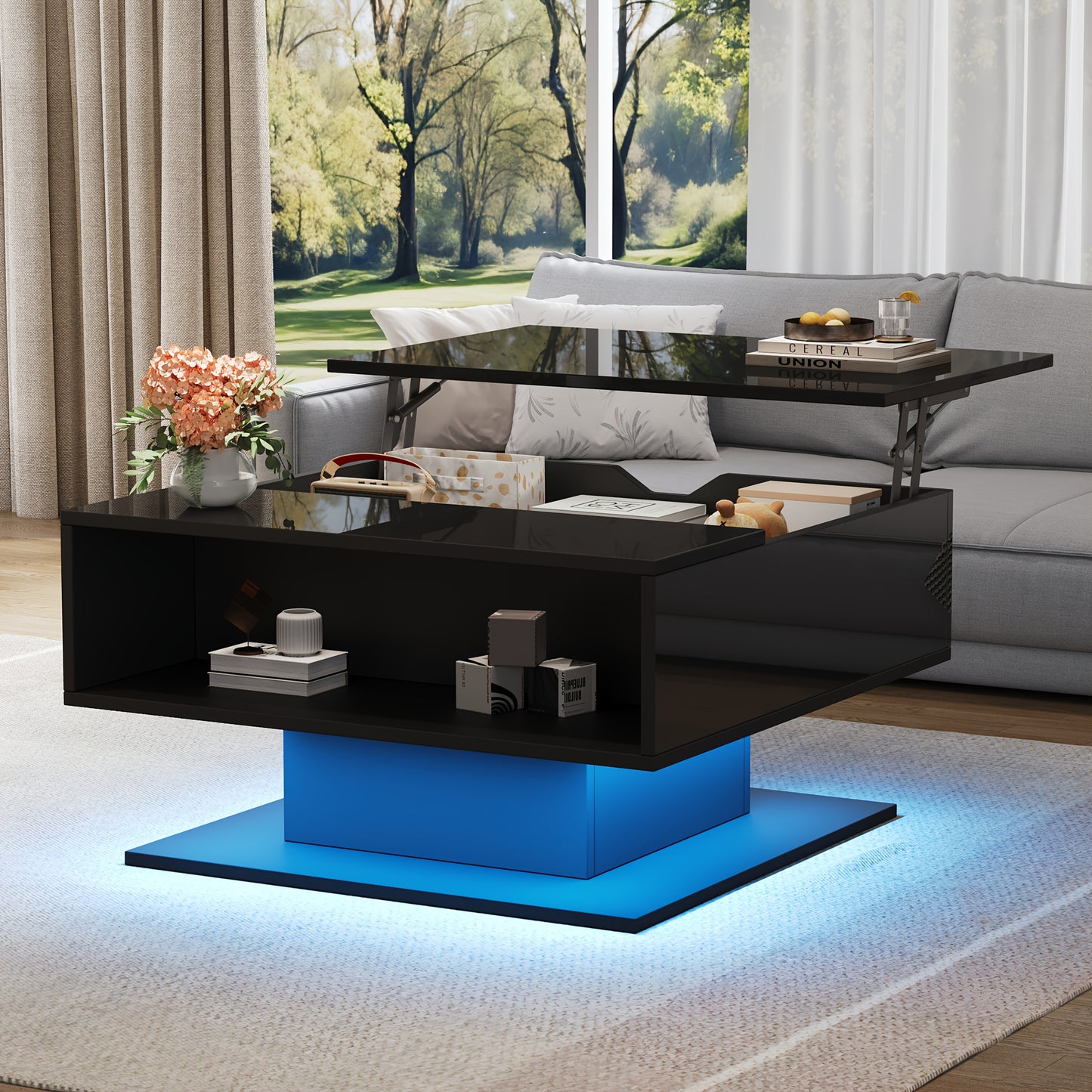 Salontafel – Koffietafel – Woonkamertafel – Bijzettafel – Midden tafel – Hydraulisch Hefmechanisme – Hoogglans Zwart – Ruime Opbergplank – Stevige Constructie