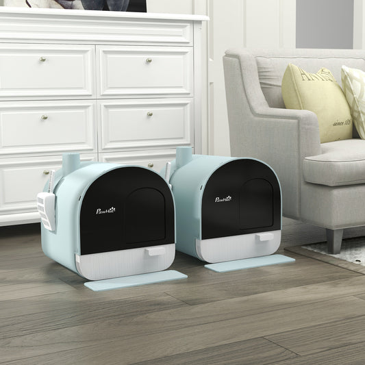 PawHut Set of 2 Cat Litter Boxes for Home Toilet Litter Box for Cat with Hinged Door, Shovel and Filter Included Dim. 43L x 44W x 47H cm - Green