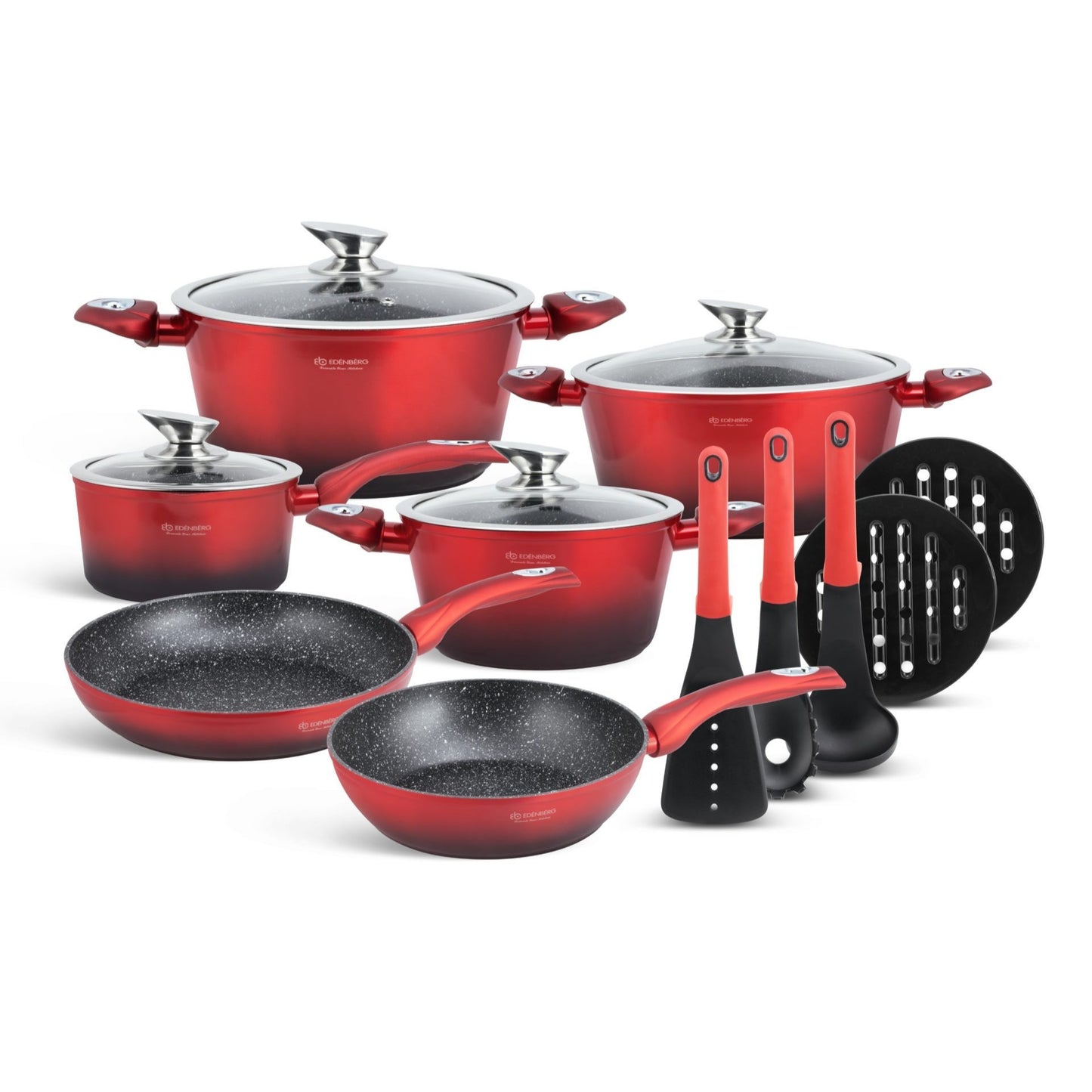 Edenberg 15pcs Ceramic And Marble Cookware Set with Kitchen Accessories | Induction Cookware Set | Coated Pots And Pans | Cookware Set | Cookware And Pan Set | Induction | Pot | Pan | Suitable for All Stove Types | EB-5619