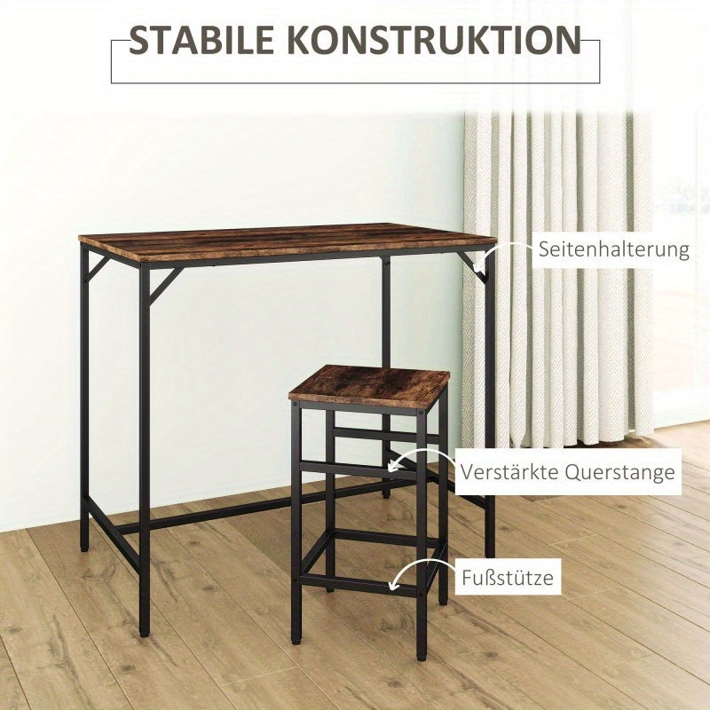 Bartafelset – Barset – Bistroset – Barkrukset – Eettafelset – Ruimtebesparend Ontwerp – Melamine Tafelblad & Stalen Frame – Rustic Bruin/Zwart – 4 Inklapbare Krukken
