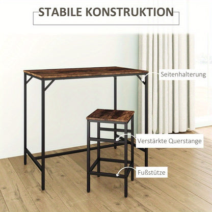 Bartafelset – Barset – Bistroset – Barkrukset – Eettafelset – Ruimtebesparend Ontwerp – Melamine Tafelblad & Stalen Frame – Rustic Bruin/Zwart – 4 Inklapbare Krukken