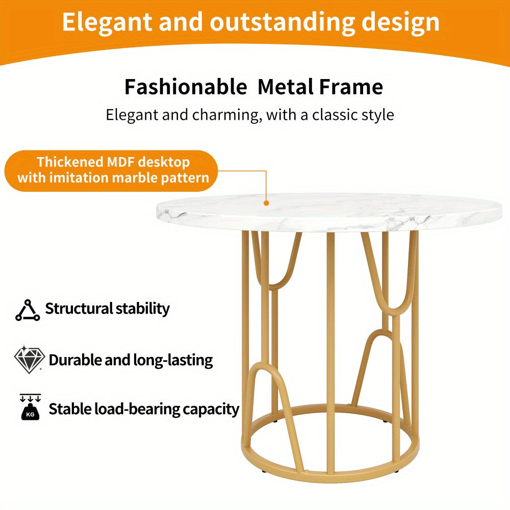 Ronde Eettafel – Ronde Tafel – Eetkamertafel – Keukentafel – Tafel – MDF Marmeren Blad – Gouden Metalen Poot – 80x80x76 cm – Voor 4-6 Personen