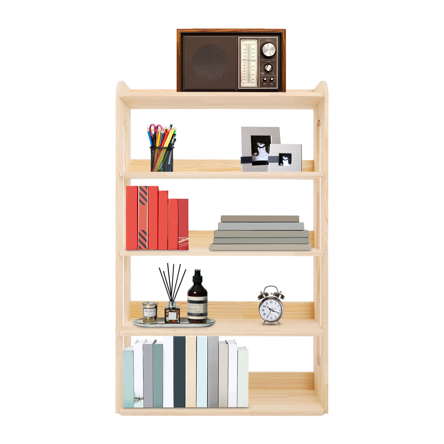 Boekenkast – Boekplank – Opbergkast – Boekrek – Boekstelling – 5-Laags – Onbehandeld Dennenhout – 80x26x130 cm – Ruimtebesparend Design