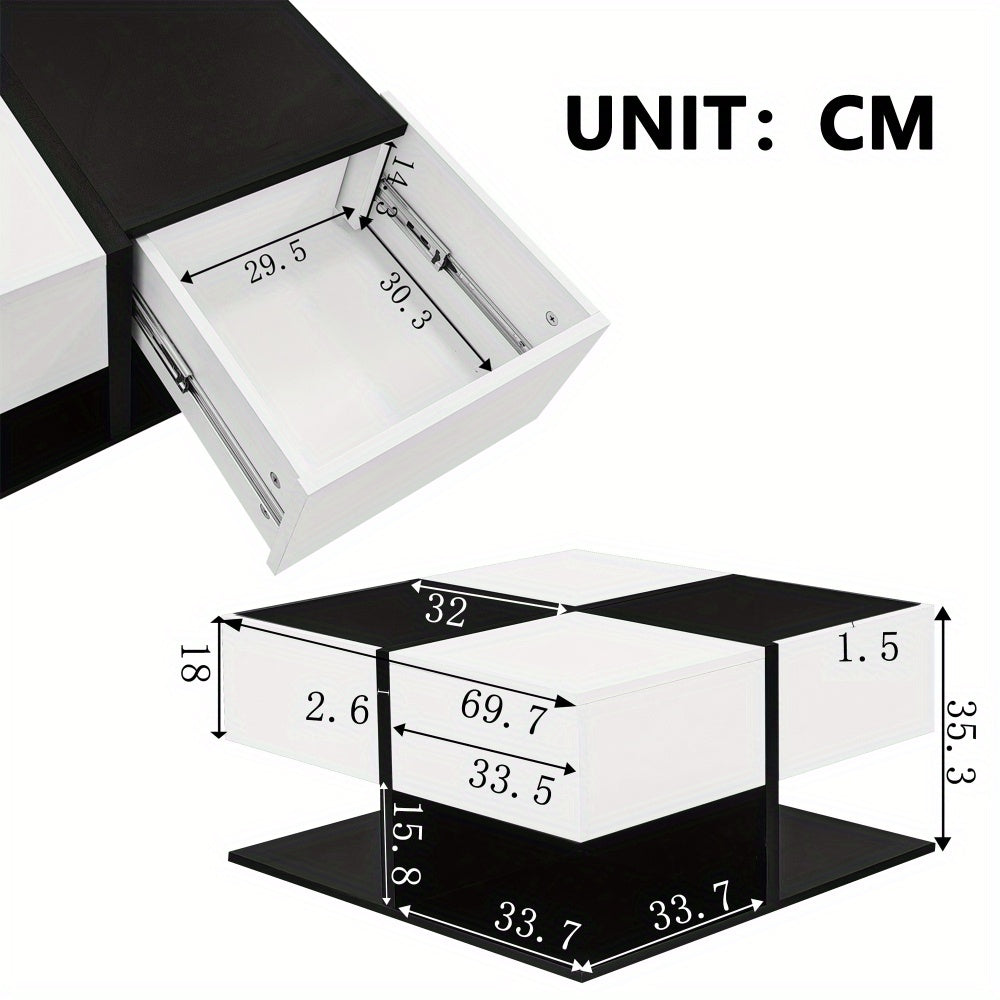 Salontafel – Koffietafel – Woonkamertafel – Bijzettafel – Tafeltje – Zwart-Wit Vierkant – 2 Lades – Afmeting 70x70x35,5 cm – Metaal – Modern Minimalistisch – Ruim Tafelblad – Eenvoudige Montage