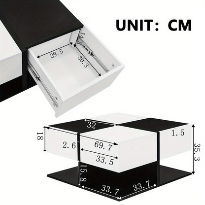 Salontafel – Koffietafel – Woonkamertafel – Bijzettafel – Tafeltje – Zwart-Wit Vierkant – 2 Lades – Afmeting 70x70x35,5 cm – Metaal – Modern Minimalistisch – Ruim Tafelblad – Eenvoudige Montage