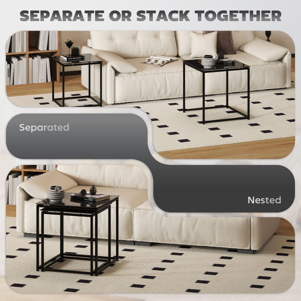 Salontafel – Koffietafel – Bijzettafel – Woonkamertafel – Sofa Tafel – Zwart Stalen Frame – Glazen Tafelblad