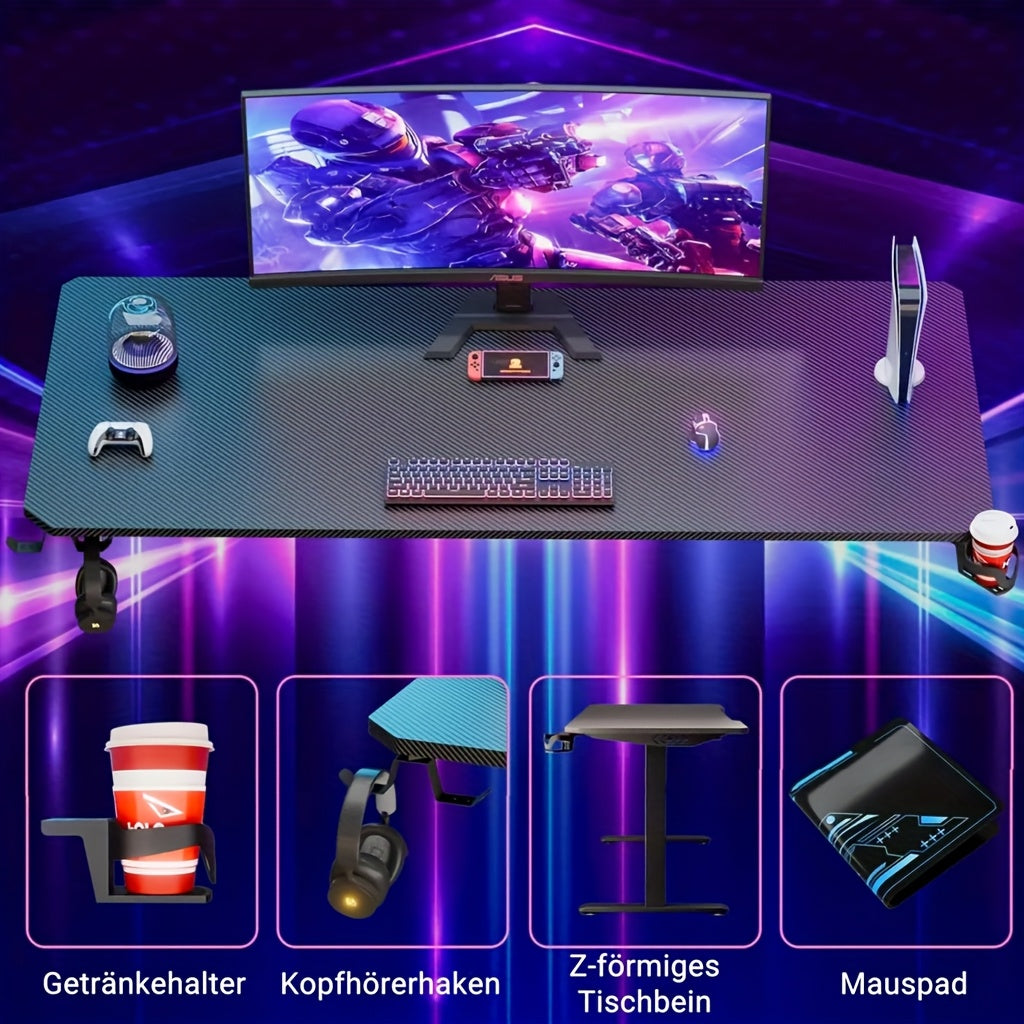 Bureau – Werktafel – Gametafel – Computertafel – Schrijftafel – Ergonomisch – Verstelbare Hoogte – Stevig Stalen Frame – Groot 180x70 cm – Inclusief Muismat & Koptelefoonhouder – Zwart