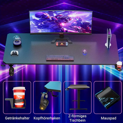 Gaming Tafel – Bureau – Computertafel – Esport Tafel – Werktafel – Ergonomisch – Carbon Fiber Blad – 180x70x80 cm – Inclusief Muismat en Koptelefoonhouder