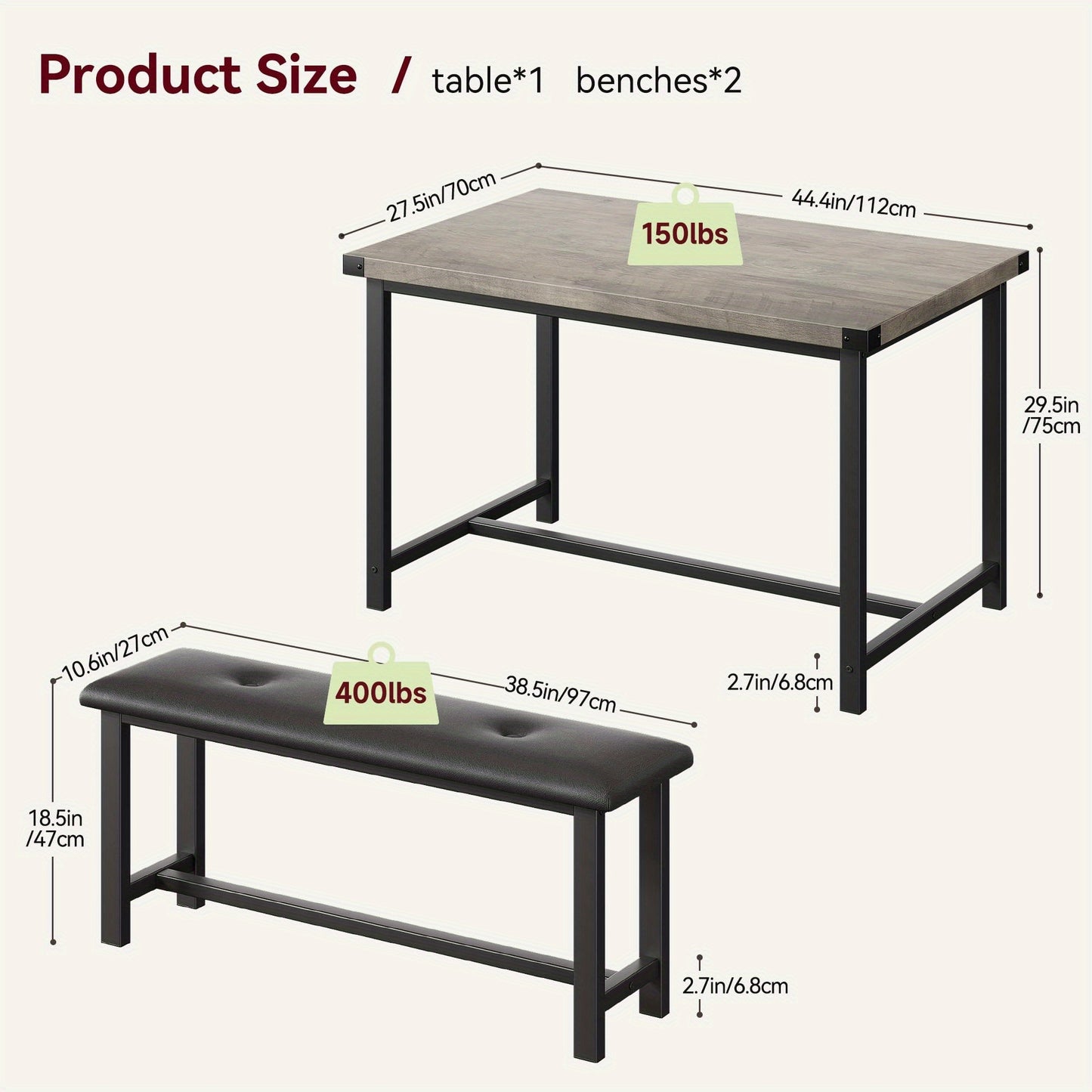 Eetkamerset – Eettafelset – Tafel met Banken – Keukenset – Compacte Eethoek – Vintage Design – Ruimtebesparend – Onderhoudsvriendelijk Grijs