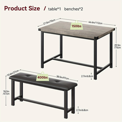Eetkamerset – Eettafelset – Tafel met Banken – Keukenset – Compacte Eethoek – Vintage Design – Ruimtebesparend – Onderhoudsvriendelijk Grijs