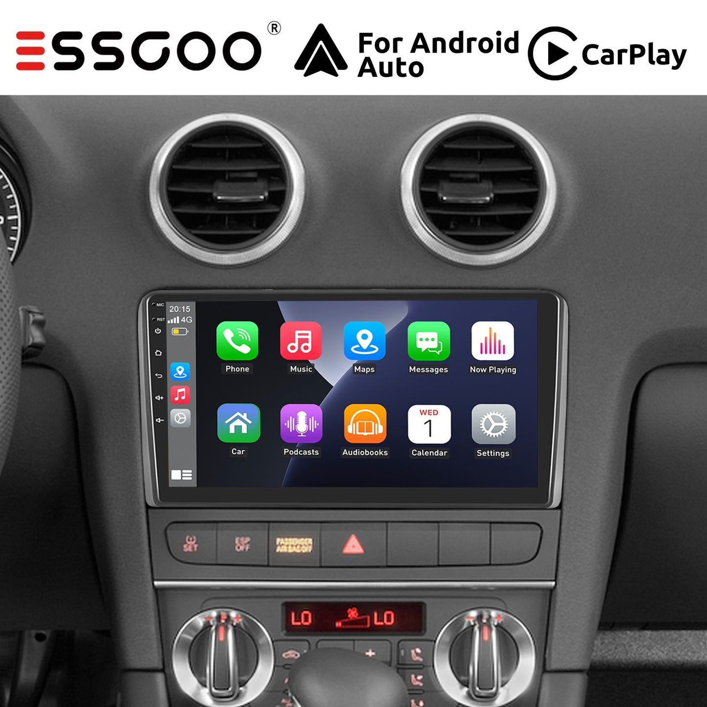 ESSGOO Wireless Carplay und Android AutoATORADIO for AUDI A3 S3 RS3 2008-2012, 22.86 cm Touchscreen with B-T Radio, Android 14 FM RDS GPS USB WiFi Navigation, Incar Connectivity, Car Entertainment System, Sleek Dashboard Unit