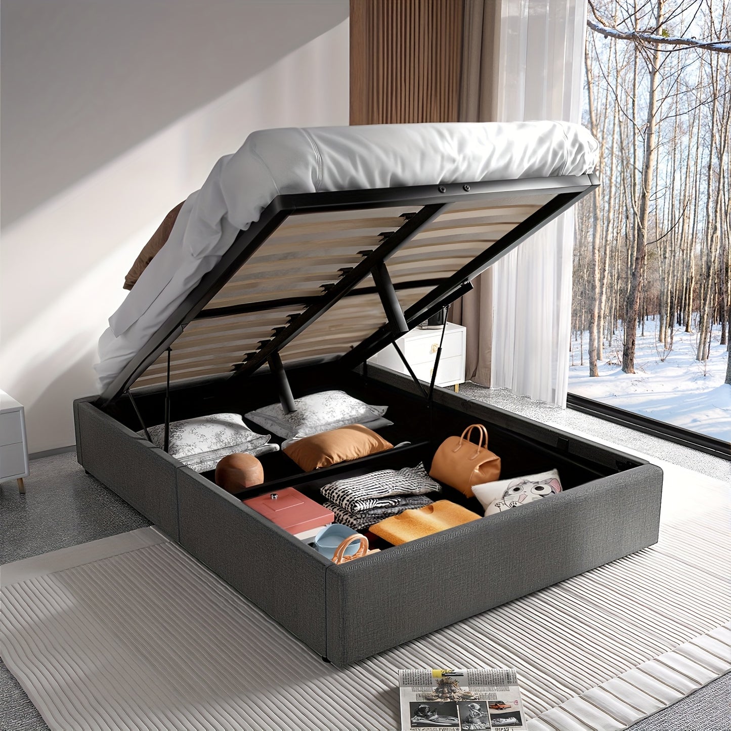 Bedframe – Bedframe Met Opberglade – Ophoogbed – Opbergbed – Slaapbed – Grijs – Hydraulische Opberglift – 140x200 cm – Stevig Metalen Frame – Leren Bekleding