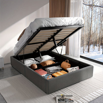 Bedframe – Bedframe Met Opberglade – Ophoogbed – Opbergbed – Slaapbed – Grijs – Hydraulische Opberglift – 140x200 cm – Stevig Metalen Frame – Leren Bekleding