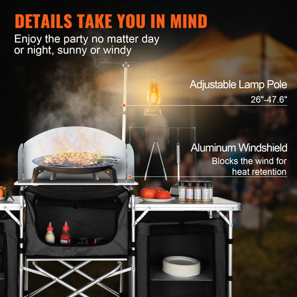 Campingkeukentafel – Outdoor Kooktafel – Inklapbare Tafel – Campingmeubel – Picknicktafel – Lichtgewicht Aluminium – 3 Opbergkastjes & Afneembaar Windscherm – Zwart