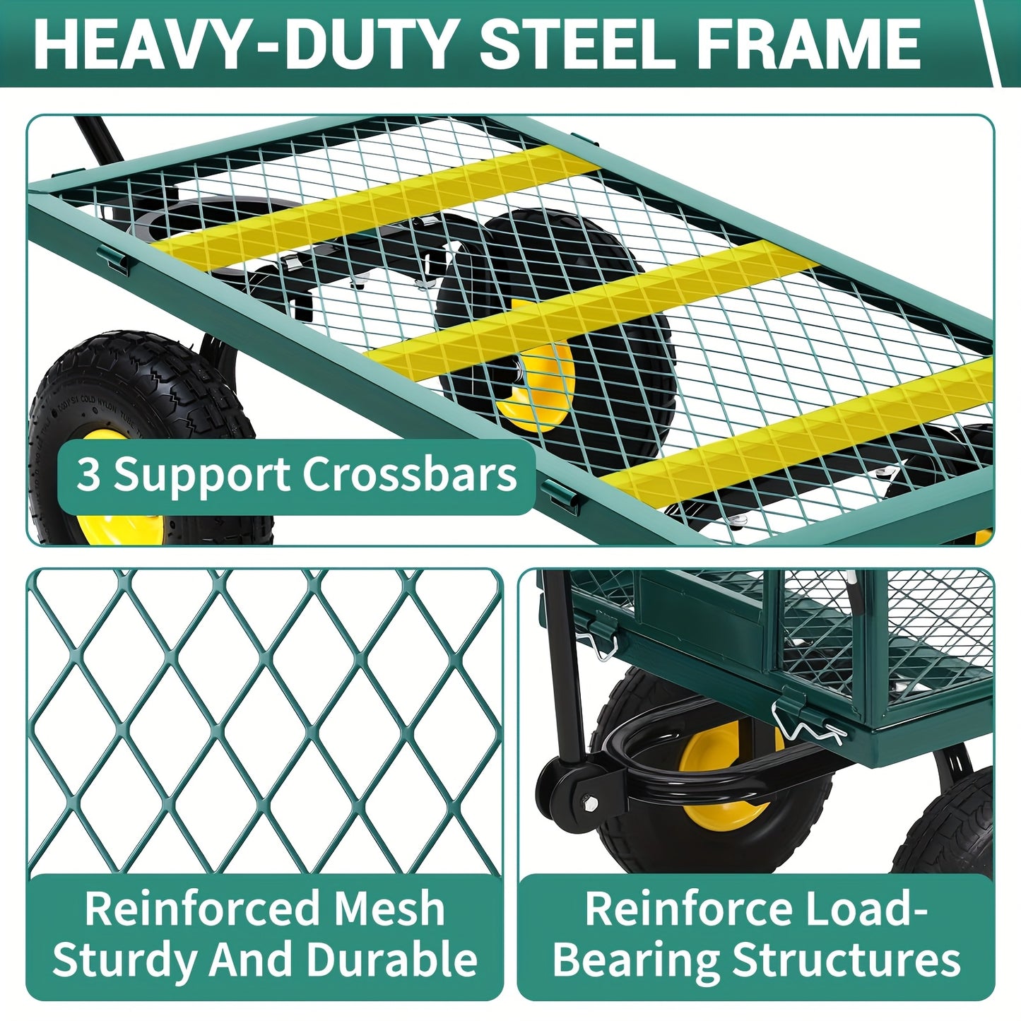 Heavy-Duty Steel Garden Cart with 180° Rotating Handle, Removable Sides & All-Terrain Large All-Terrain Tires - Sturdy Steel Frame, Green & Design, Large Capacity Utility Wagon for Yard, Farm, Beach, Lawn Care, Construction