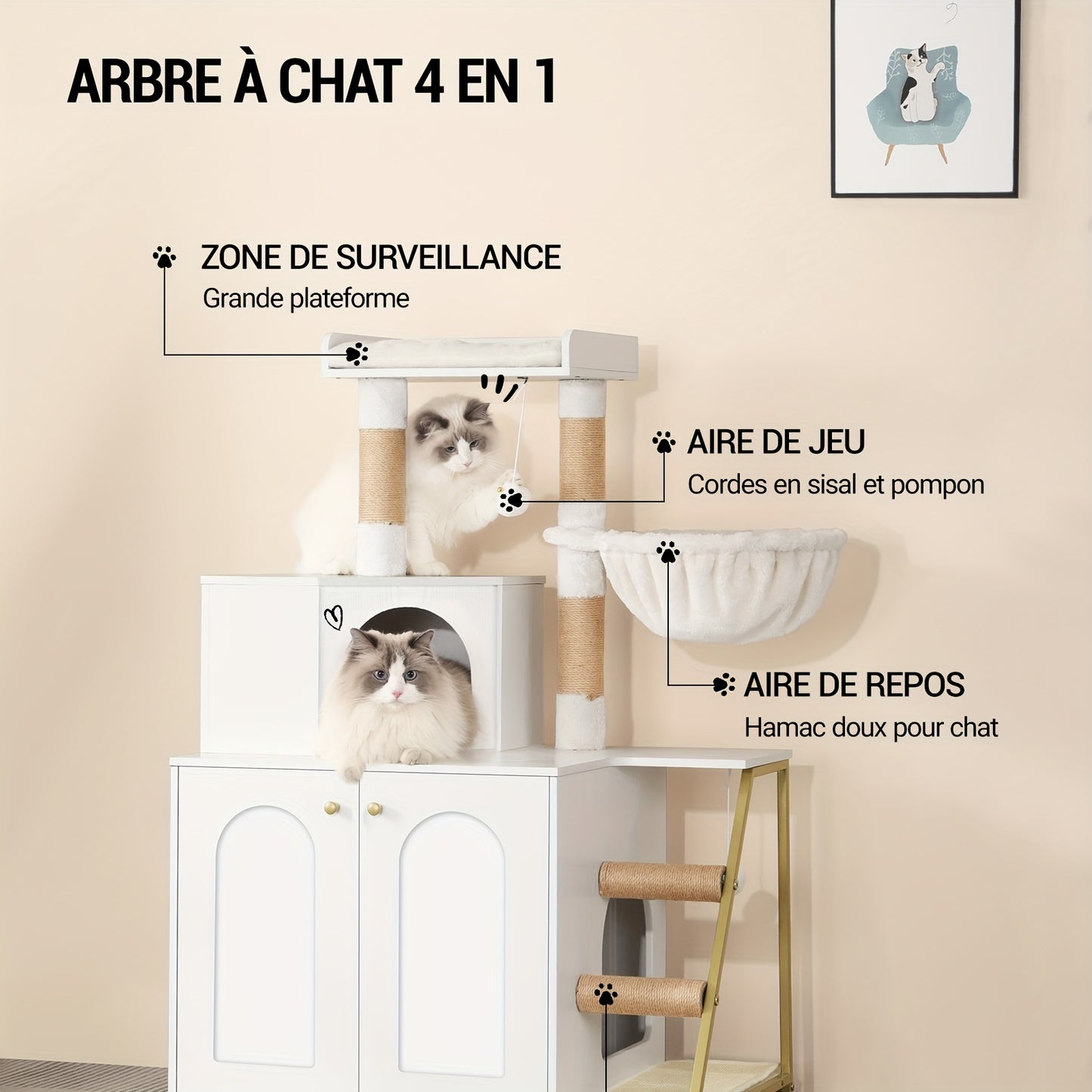 Kattenmeubel 4-in-1 – Kattenboom – Krabpaal – Kattenhuis – Kattenbakmeubel – Taupe – Ruim & Stabiel – Verstopte Kattenbak Met Sisal Krabpalen
