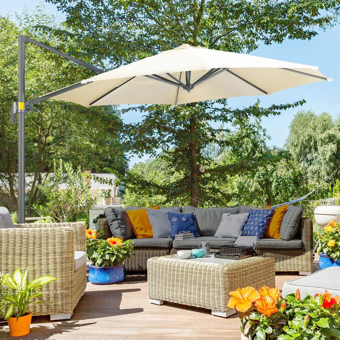 Parasol Octagonaal – Zweefparasol – Zonnescherm – Tuinparasol – Terrasparasol – Kantelbaar – Ø 3 Meter – Stalen Crème Basis