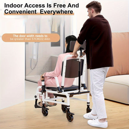 Reclining Shower Chair With Wheels, Mobile Shower Chair With Thickened Soft Seat Cushion, Backrest And Flip-up Armrests, Extra-wide Seat, 90°-140° Adjustable Tilt Bedside Commode Chair, Suitable For The Elderly And Disabled
